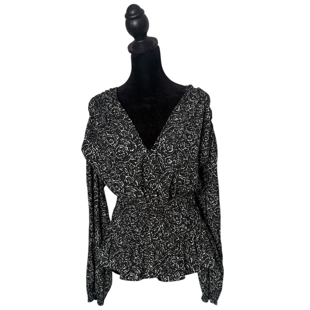 Smocked Black Peplum Blouse Womens XXL Abstract Print Long Sleeve Office‎ Casual
